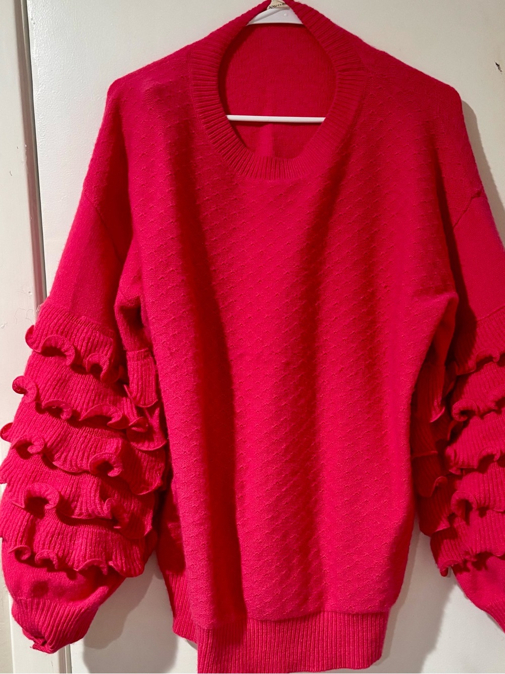 Women's Hot Pink Ruffle Sleeve Sweater